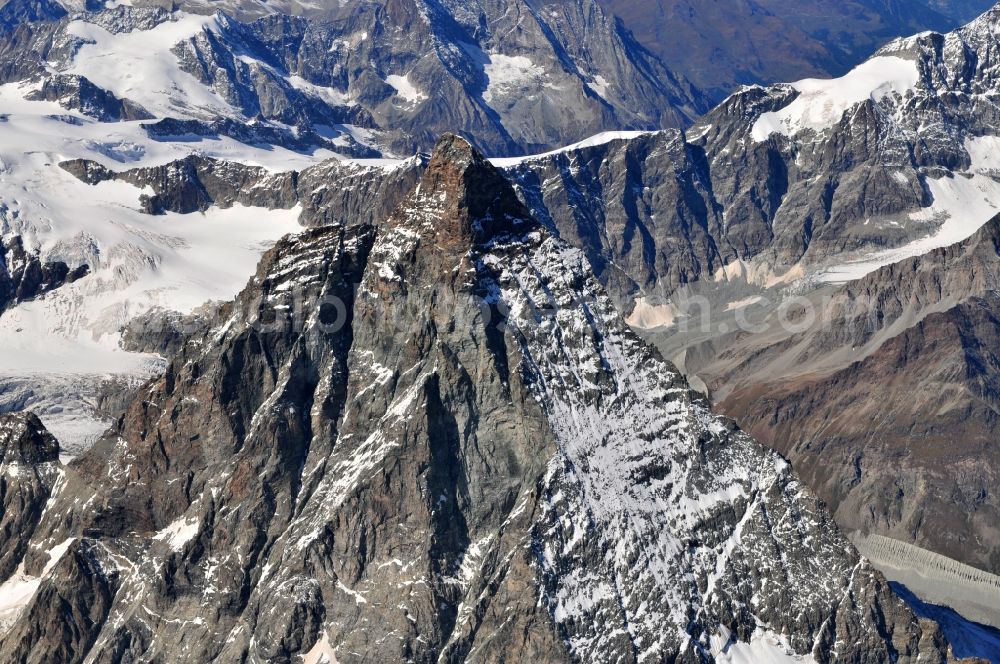 Zermatt from above - With snow-capped mountain - summit of the Matterhorn mountain in the Alps near Zermatt in Switzerland