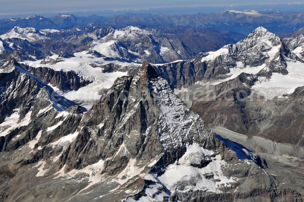 Zermatt from the bird's eye view: With snow-capped mountain - summit of the Matterhorn mountain in the Alps near Zermatt in Switzerland