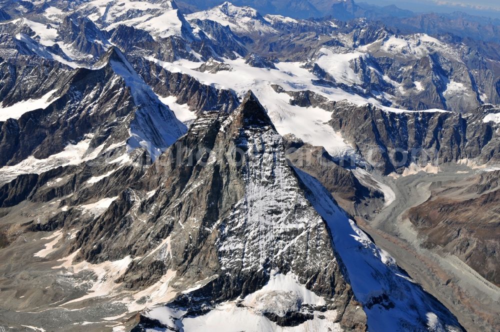 Aerial photograph Zermatt - With snow-capped mountain - summit of the Matterhorn mountain in the Alps near Zermatt in Switzerland