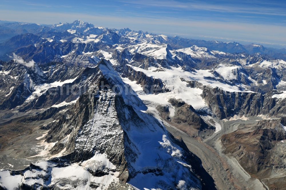 Zermatt from the bird's eye view: With snow-capped mountain - summit of the Matterhorn mountain in the Alps near Zermatt in Switzerland