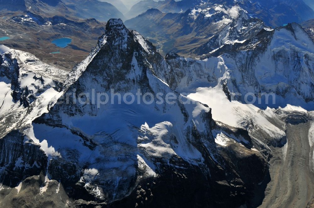 Zermatt from above - With snow-capped mountain - summit of the Matterhorn mountain in the Alps near Zermatt in Switzerland