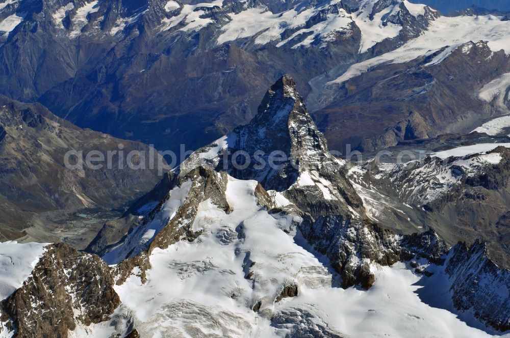 Aerial photograph Zermatt - With snow-capped mountain - summit of the Matterhorn mountain in the Alps near Zermatt in Switzerland