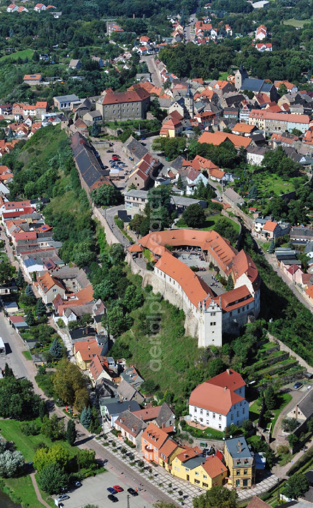 Aerial image Wettin - The castle Wettin has been the domicile of the Saxony Royal House. These days, the building houses a secondary school with focus on art