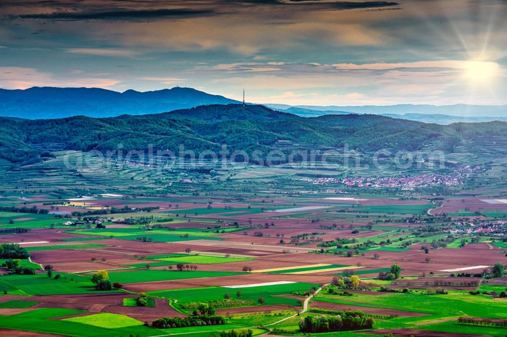 Endingen am Kaiserstuhl from above - Forest and mountain landscape of the mid-mountain range of Kaiserstuhl in Endingen am Kaiserstuhl in the state Baden-Wuerttemberg, Germany