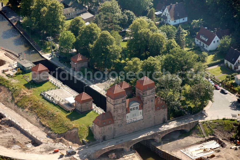 Minden from above - Midland Canal - Lock in Minden in North Rhine-Westphalia