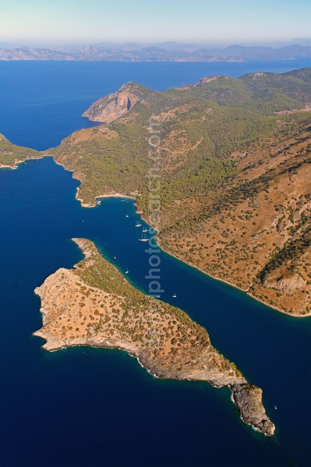 Aerial image Fethiye - Mediterranean island landscape on the Aegean Sea in Fethiye in Turkey