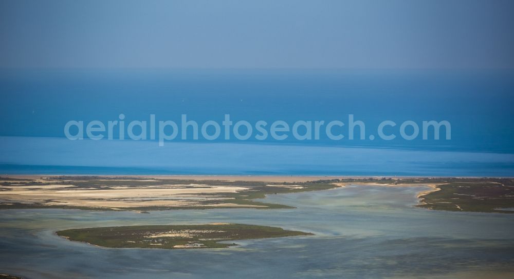 Aerial image Saintes-Maries-de-la-Mer - Mediterranean coast landscape on the beach at Saintes-Maries-de-la-Mer, Provence-Alpes-Cote d'Azur in France