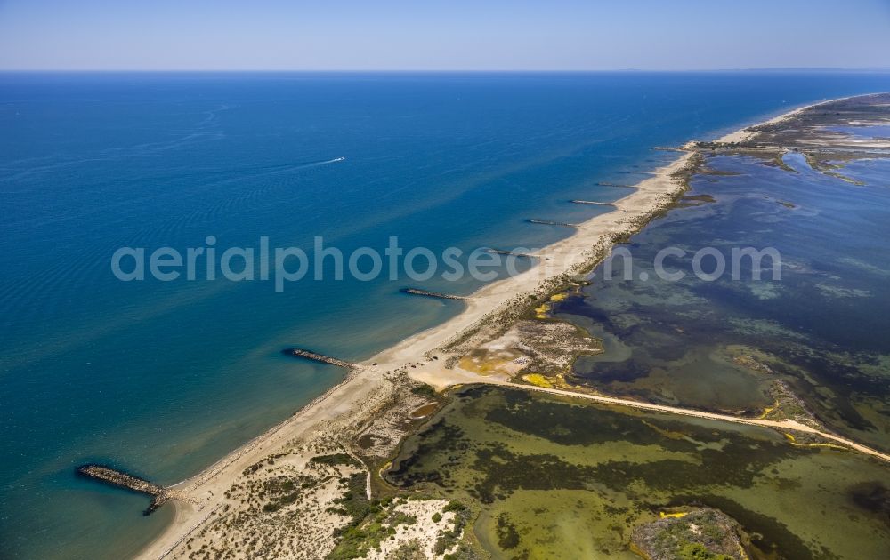 Aerial image Saintes-Maries-de-la-Mer - Mediterranean coast landscape on the beach at Saintes-Maries-de-la-Mer, Provence-Alpes-Cote d'Azur in France