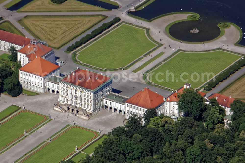 München from above - Central pavilion of the Nymphenburg Palace in the district Neuhausen-Nymphenburg in Munich in the state Bavaria. View from the west. The central pavilion houses the three-storey reaching Stone Hall, serving as ballroom