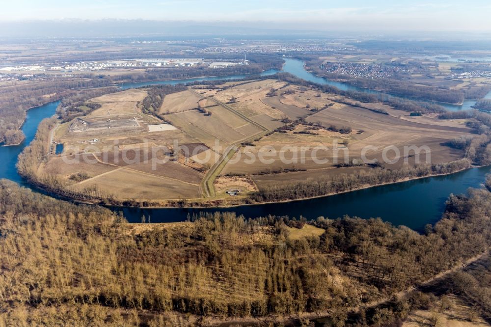 Römerberg from above - Sealing work on the site of the landfill of BASF on the island Flotzgruen at the Rhine in Roemerberg in the state Rhineland-Palatinate, Germany