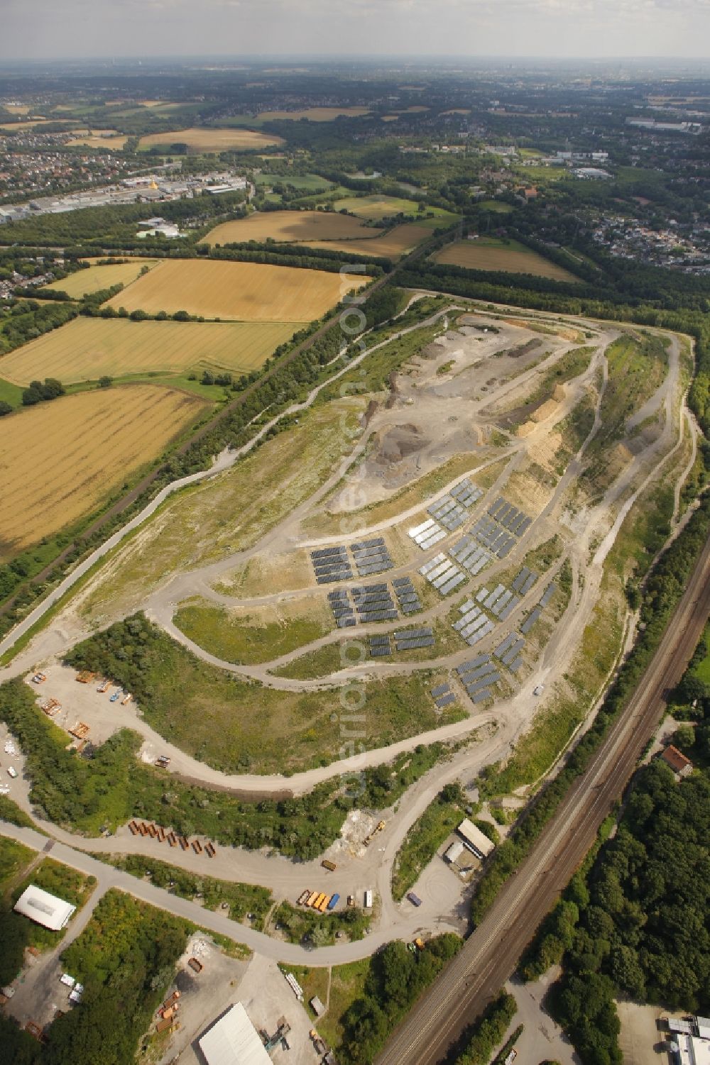 Bochum from above - Dump Kornharpen - waste landfill with solar panels in Bochum in North Rhine-Westphalia