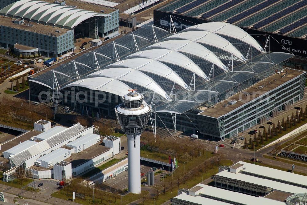 Oberding from above - White membrane roof construction on the central terminal building Muenchen Airport Centers (MAC) and terminal on the grounds of Munich Airport in Oberding in the state Bavaria, Germany