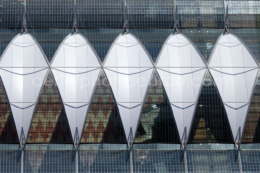 Oberding from above - White membrane roof construction on the central terminal building Muenchen Airport Centers (MAC) and terminal on the grounds of Munich Airport in Oberding in the state Bavaria, Germany