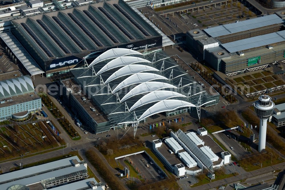 Oberding from above - White membrane roof construction on the central terminal building Muenchen Airport Centers (MAC) and terminal on the grounds of Munich Airport in Oberding in the state Bavaria, Germany