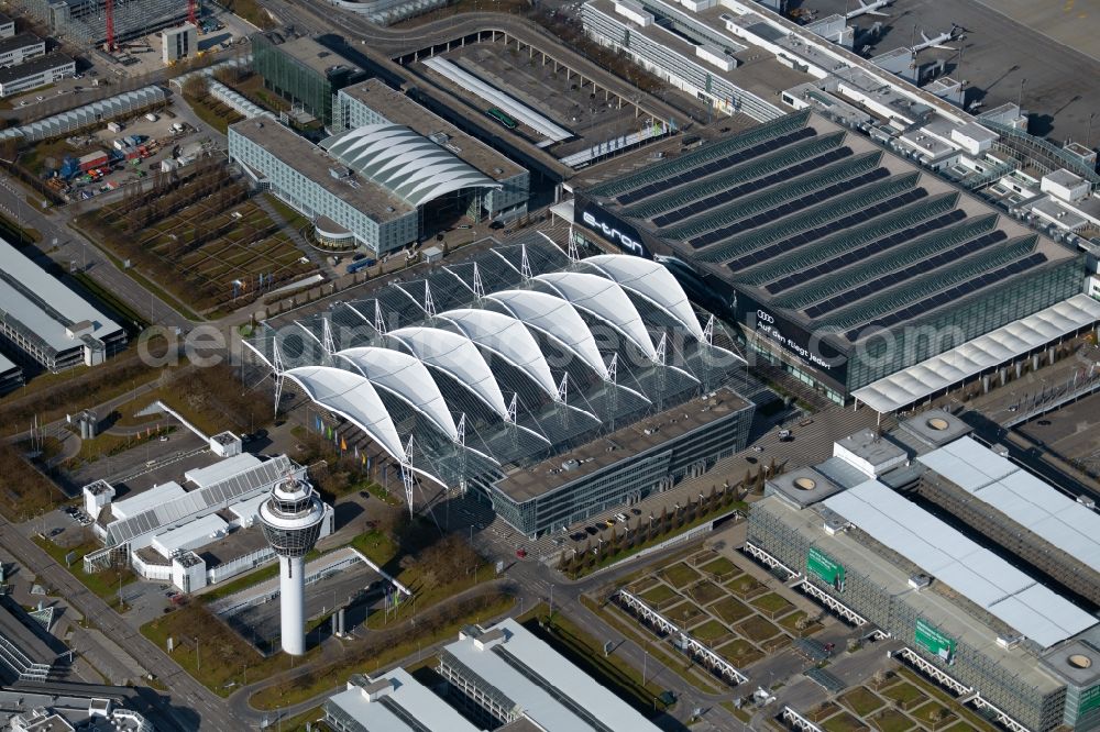 Aerial image Oberding - White membrane roof construction on the central terminal building Muenchen Airport Centers (MAC) and terminal on the grounds of Munich Airport in Oberding in the state Bavaria, Germany