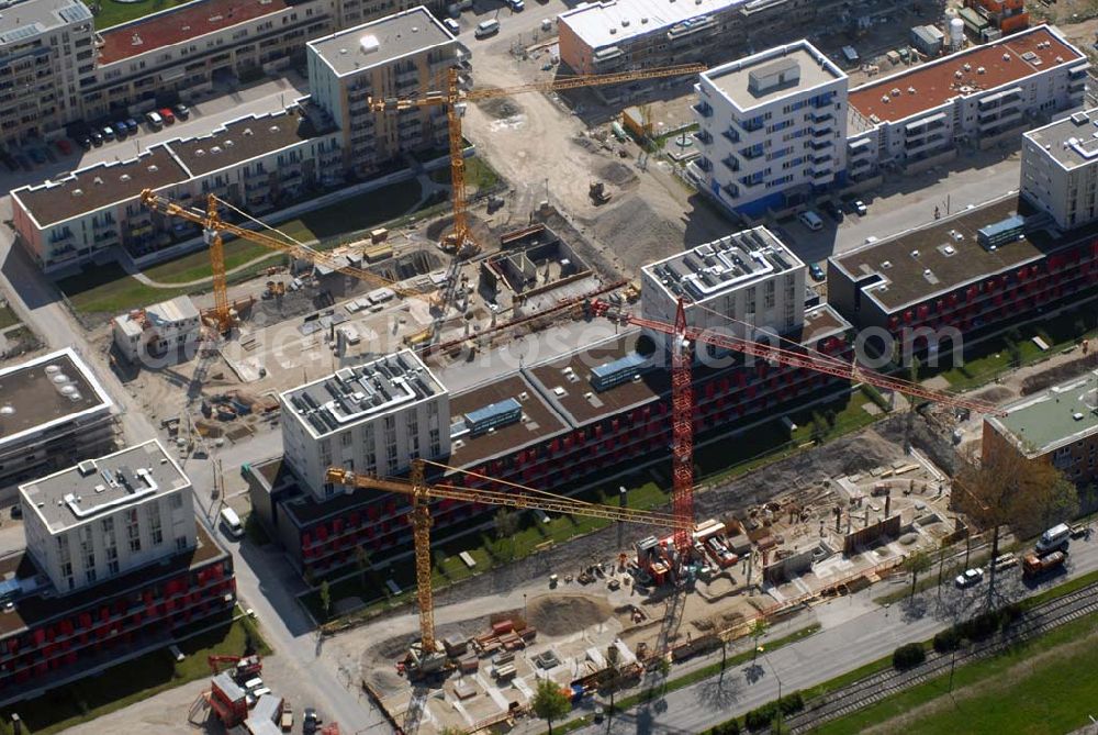 München from above - Neubauwohngebiet Siedlung Am Harthof in Milbertshofen in München.