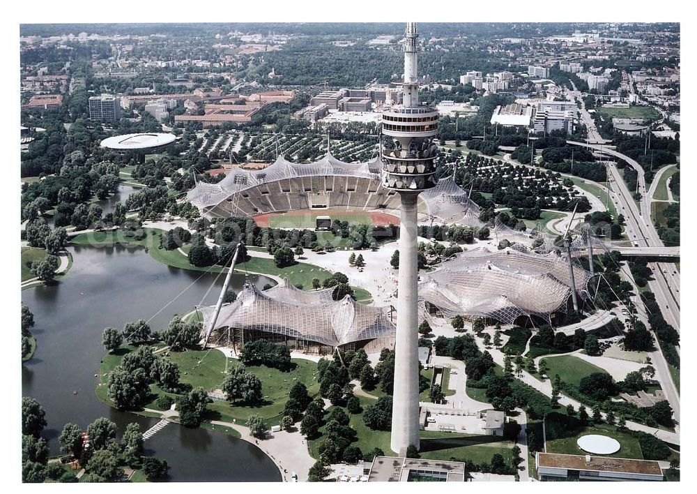 München from above - Münchener Fernsehturm mit dem Gelände des Olympiastadions und des Olympiaparks. Nichtredaktionelle Verwendung nur nach Absprache !