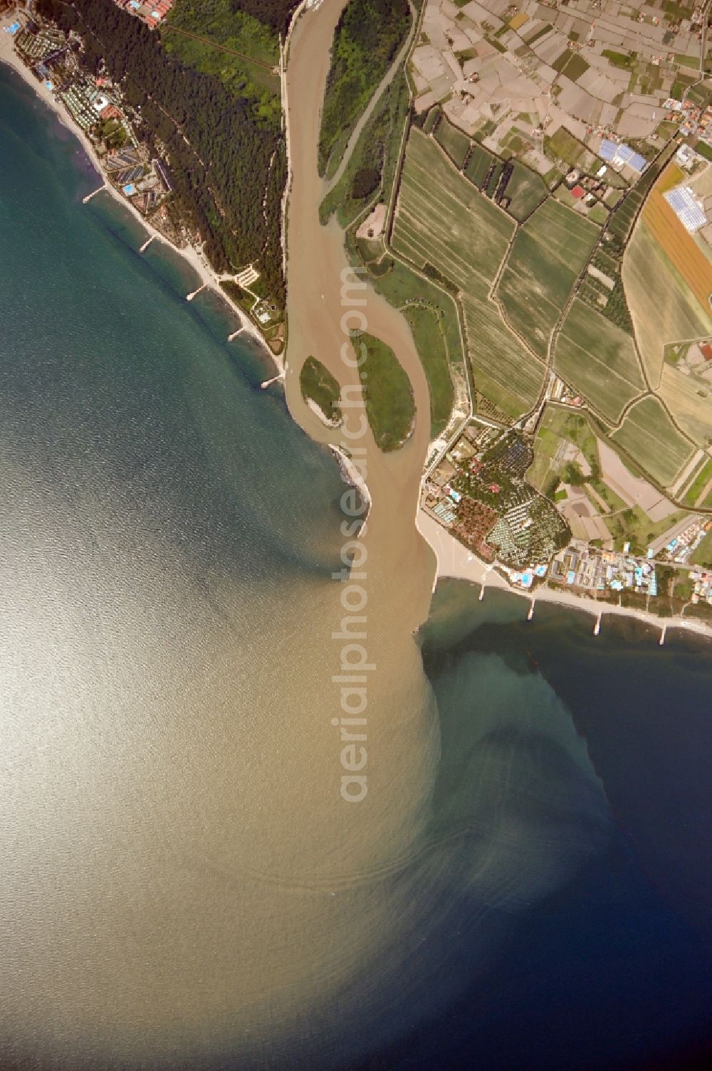 Porto Fossone from the bird's eye view: View of the water mouth of the river Adige at Porto Fossone in the province Rovigo in Italy