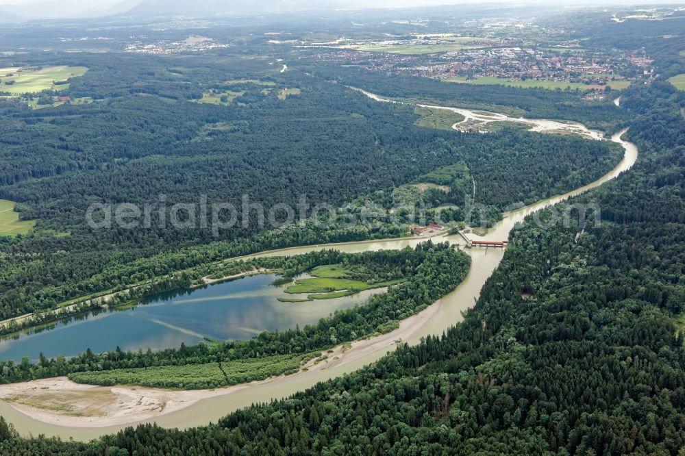 Icking from the bird's eye view: Confluence of Loisach in the river Isar near Icking near Wolfratshausen in the state of Bavaria, Germany