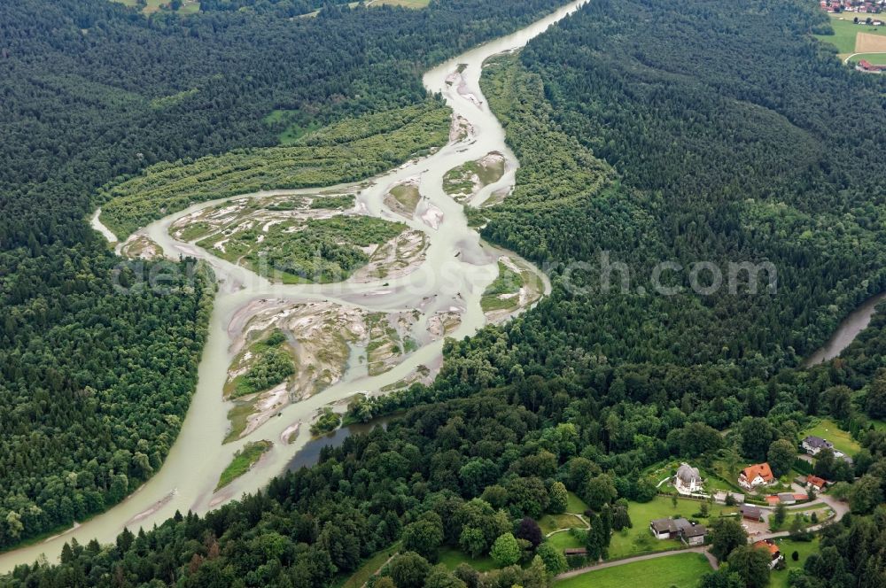 Aerial image Icking - Confluence of Loisach in the river Isar near Icking near Wolfratshausen in the state of Bavaria, Germany