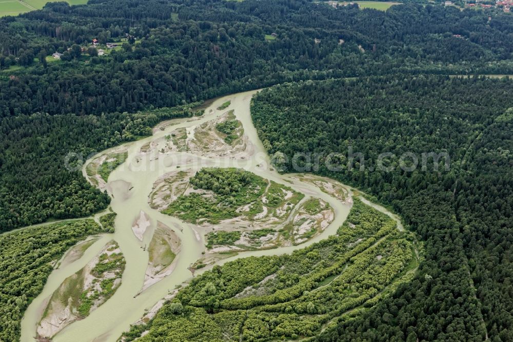 Icking from above - Confluence of Loisach in the river Isar near Icking near Wolfratshausen in the state of Bavaria, Germany