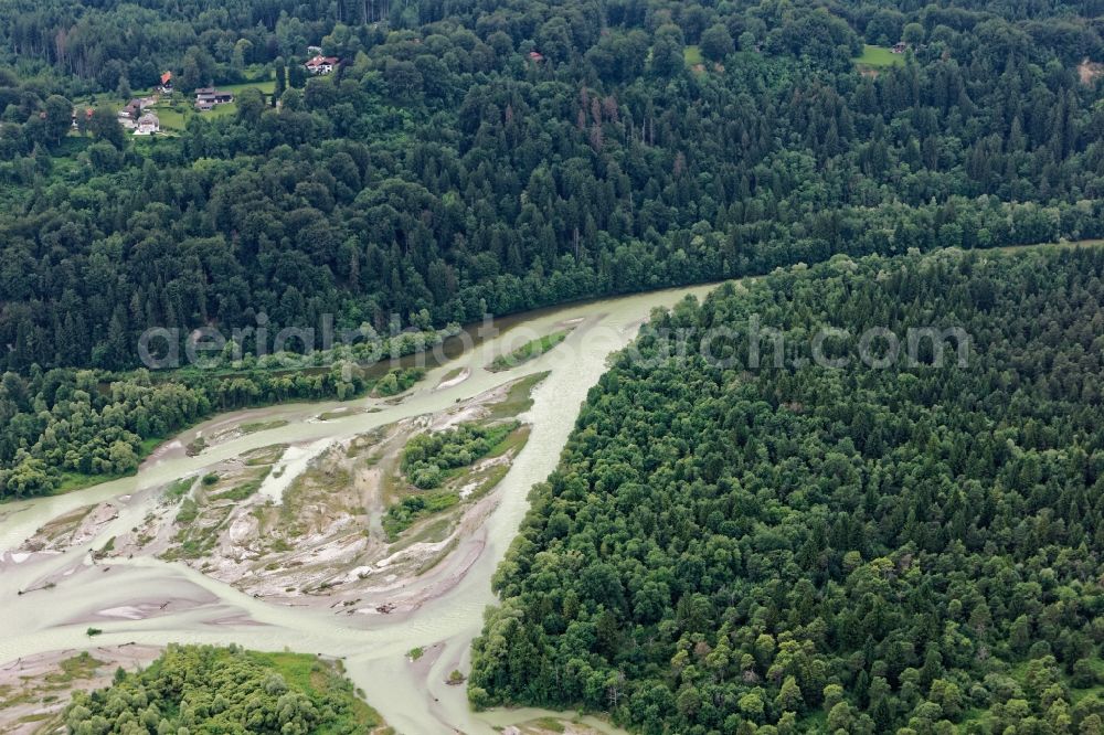 Icking from the bird's eye view: Confluence of Loisach in the river Isar near Icking near Wolfratshausen in the state of Bavaria, Germany