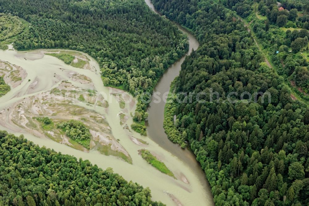 Aerial photograph Icking - Confluence of Loisach in the river Isar near Icking near Wolfratshausen in the state of Bavaria, Germany