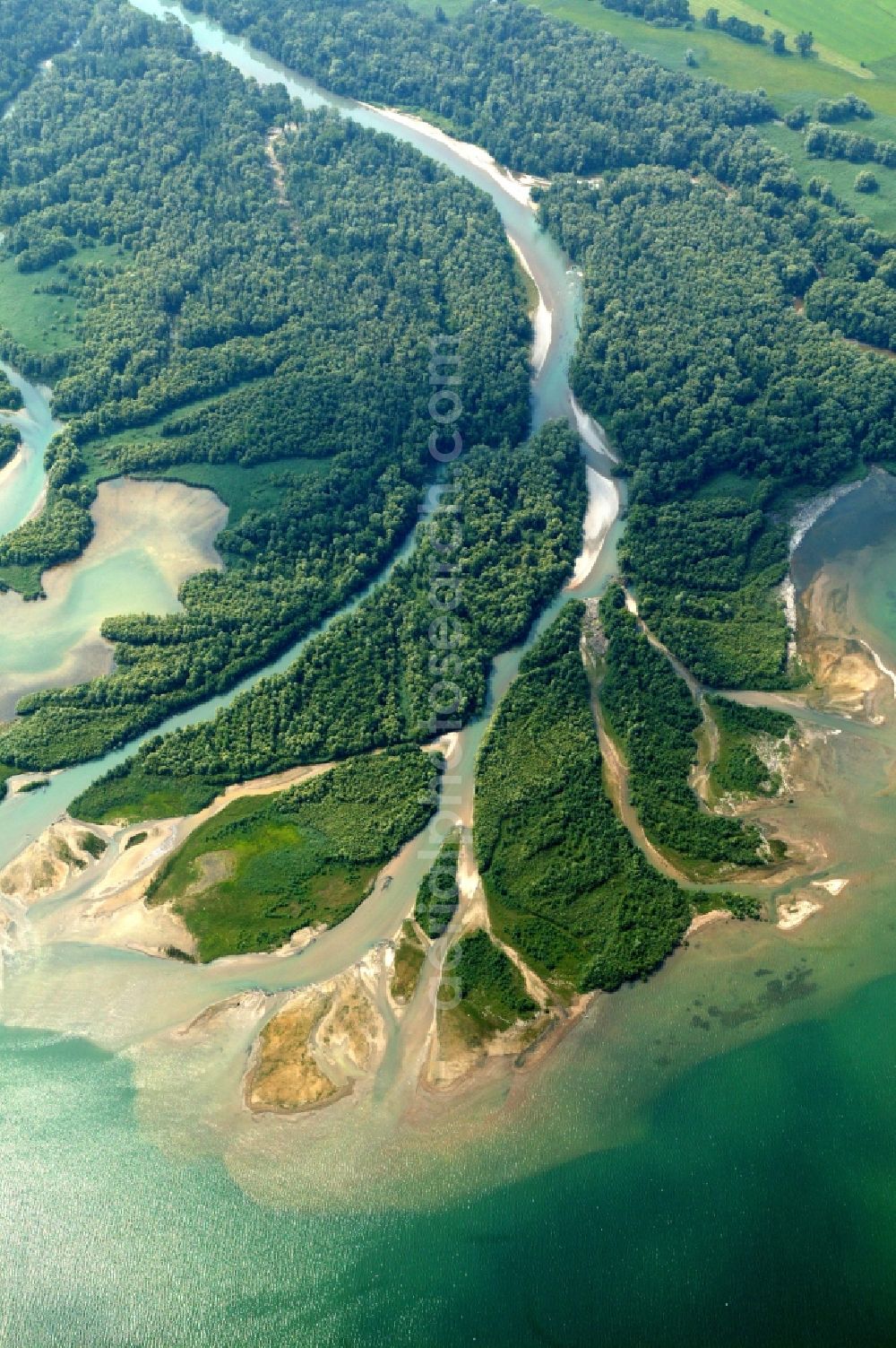 Übersee from above - Estuary of the Tiroler Ache in Uebersee in Bavaria. It rises at the Thurn Pass and flows into the Chiemseeat Grabenstaett