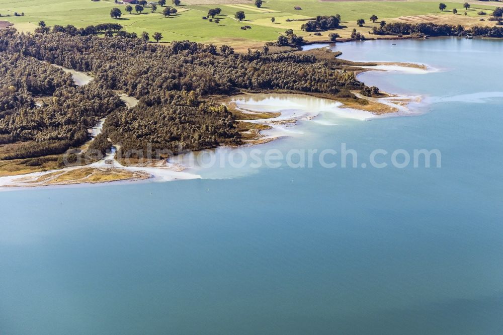 Chiemsee from above - Estuary of the Tiroler Ache in Uebersee in Bavaria. It rises at the Thurn Pass and flows into the Chiemseeat Grabenstaett