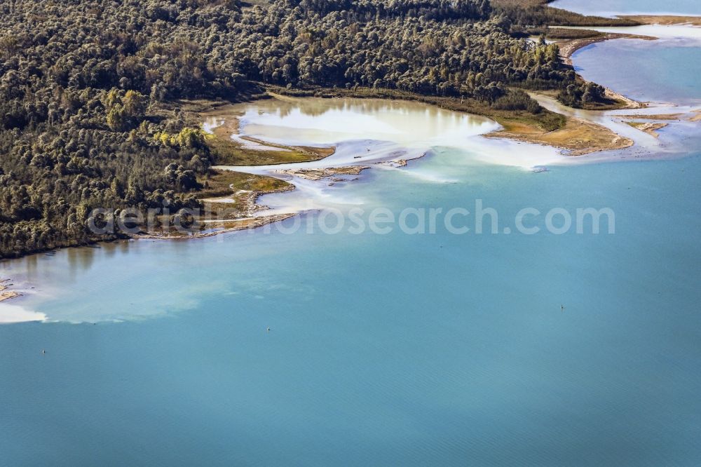 Chiemsee from the bird's eye view: Estuary of the Tiroler Ache in Uebersee in Bavaria. It rises at the Thurn Pass and flows into the Chiemseeat Grabenstaett