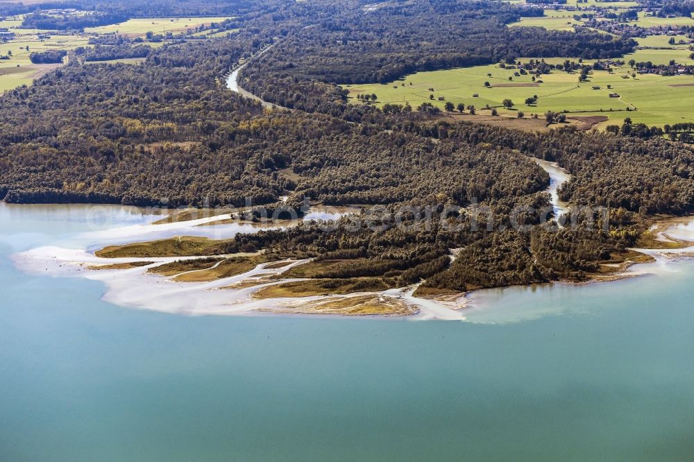 Aerial image Chiemsee - Estuary of the Tiroler Ache in Uebersee in Bavaria. It rises at the Thurn Pass and flows into the Chiemseeat Grabenstaett