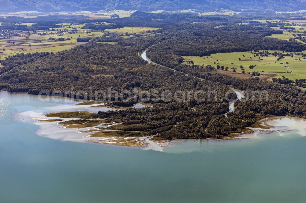 Chiemsee from above - Estuary of the Tiroler Ache in Uebersee in Bavaria. It rises at the Thurn Pass and flows into the Chiemseeat Grabenstaett