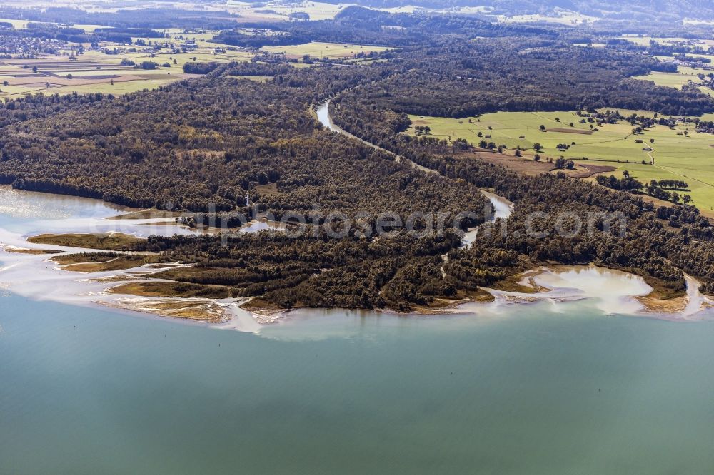 Chiemsee from the bird's eye view: Estuary of the Tiroler Ache in Uebersee in Bavaria. It rises at the Thurn Pass and flows into the Chiemseeat Grabenstaett