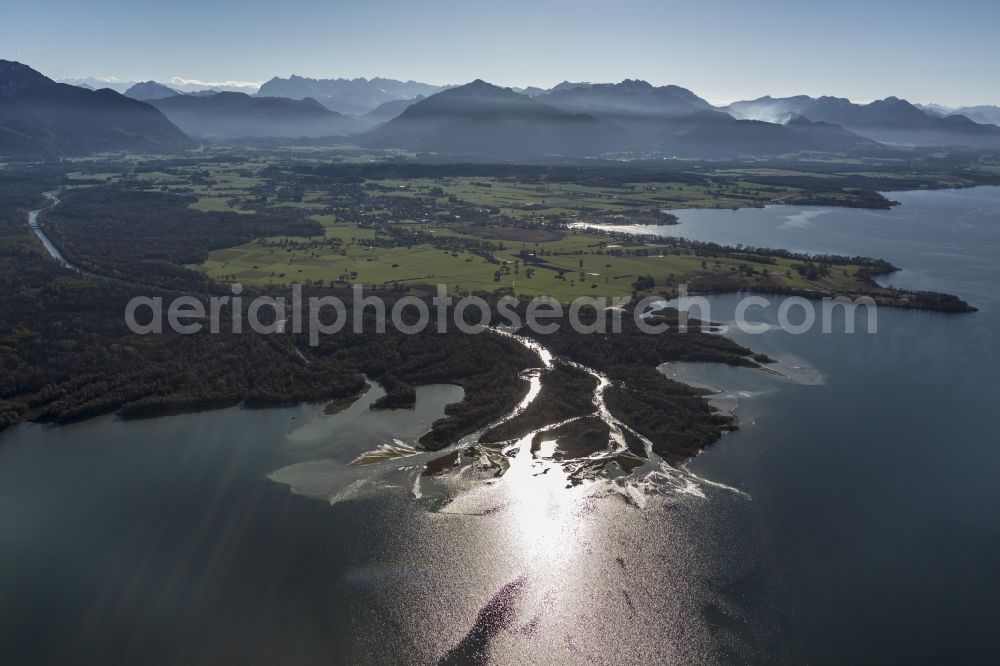 Übersee from above - Mouth of the Tiroler Achen on the shores of Lake Chiemsee at Baumgarten in Bavaria