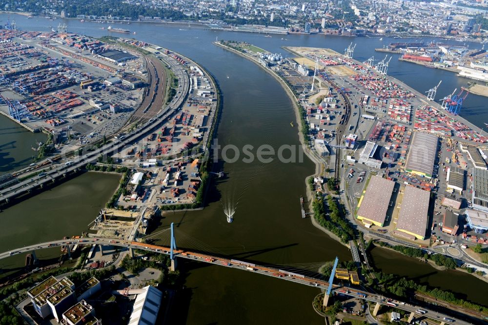 Hamburg from above - Koehlbrand mouth of river in the port of Hamburg-Mitte. A project of the Hamburg Port Authority HPA