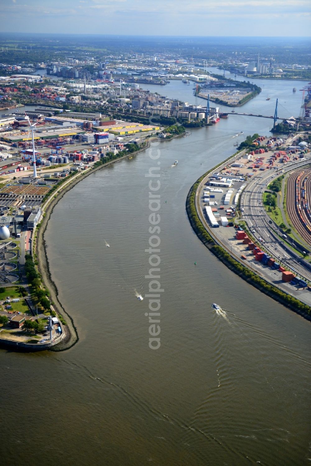 Hamburg from above - Koehlbrand mouth of river in the port of Hamburg-Mitte. A project of the Hamburg Port Authority HPA