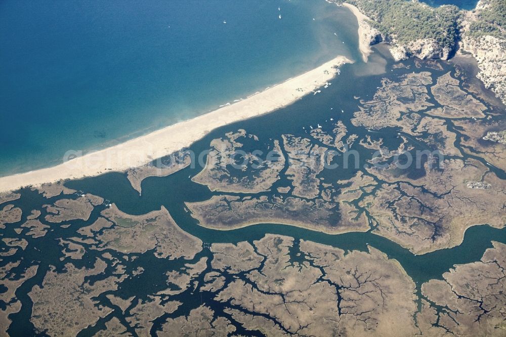 Aerial image Dalyan - Mouth of the river Büyük Menderes, the Great Mean der, on Turkey's Aegean in Turkey