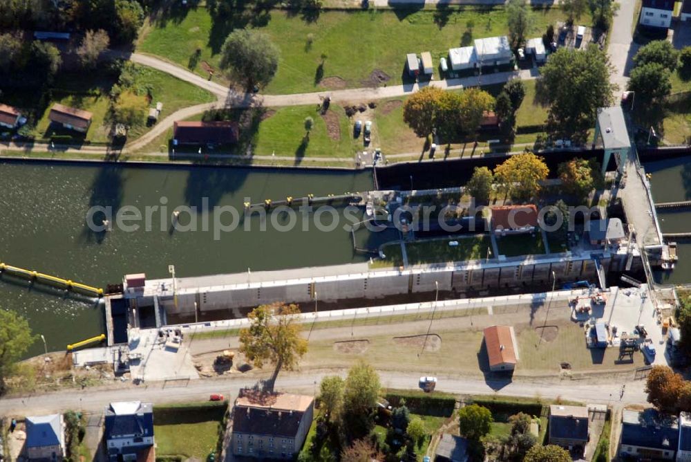 Wernsdorf from the bird's eye view: Blick auf die modernisierte Wernsdorfer Schleuse. Die Schleuse ist eine von 4 Schleusen des Oder-Spree-Kanals. Bauherr: Wasser- und Schifffahrtsamt Berlin, Mehringdamm 129, 10965 Berlin, Tel. 030 / 69532 - 0, Fax: 030 / 69532 - 201, e-mail-Adresse: poststelle@wsa-b.wsv.de, Achim Walder-Adresse: