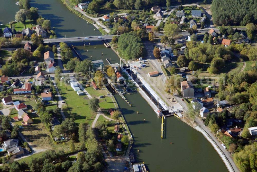 Aerial photograph Wernsdorf - Blick auf die modernisierte Wernsdorfer Schleuse. Die Schleuse ist eine von 4 Schleusen des Oder-Spree-Kanals. Bauherr: Wasser- und Schifffahrtsamt Berlin, Mehringdamm 129, 10965 Berlin, Tel. 030 / 69532 - 0, Fax: 030 / 69532 - 201, e-mail-Adresse: poststelle@wsa-b.wsv.de, Achim Walder-Adresse: