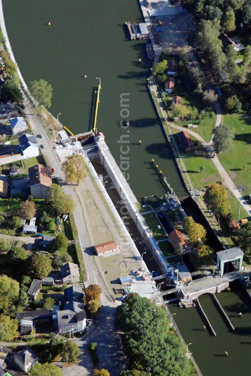 Wernsdorf from the bird's eye view: Blick auf die modernisierte Wernsdorfer Schleuse. Die Schleuse ist eine von 4 Schleusen des Oder-Spree-Kanals. Bauherr: Wasser- und Schifffahrtsamt Berlin, Mehringdamm 129, 10965 Berlin, Tel. 030 / 69532 - 0, Fax: 030 / 69532 - 201, e-mail-Adresse: poststelle@wsa-b.wsv.de, Achim Walder-Adresse: