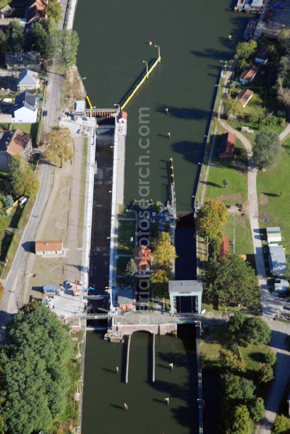 Aerial photograph Wernsdorf - Blick auf die modernisierte Wernsdorfer Schleuse. Die Schleuse ist eine von 4 Schleusen des Oder-Spree-Kanals. Bauherr: Wasser- und Schifffahrtsamt Berlin, Mehringdamm 129, 10965 Berlin, Tel. 030 / 69532 - 0, Fax: 030 / 69532 - 201, e-mail-Adresse: poststelle@wsa-b.wsv.de, Achim Walder-Adresse: