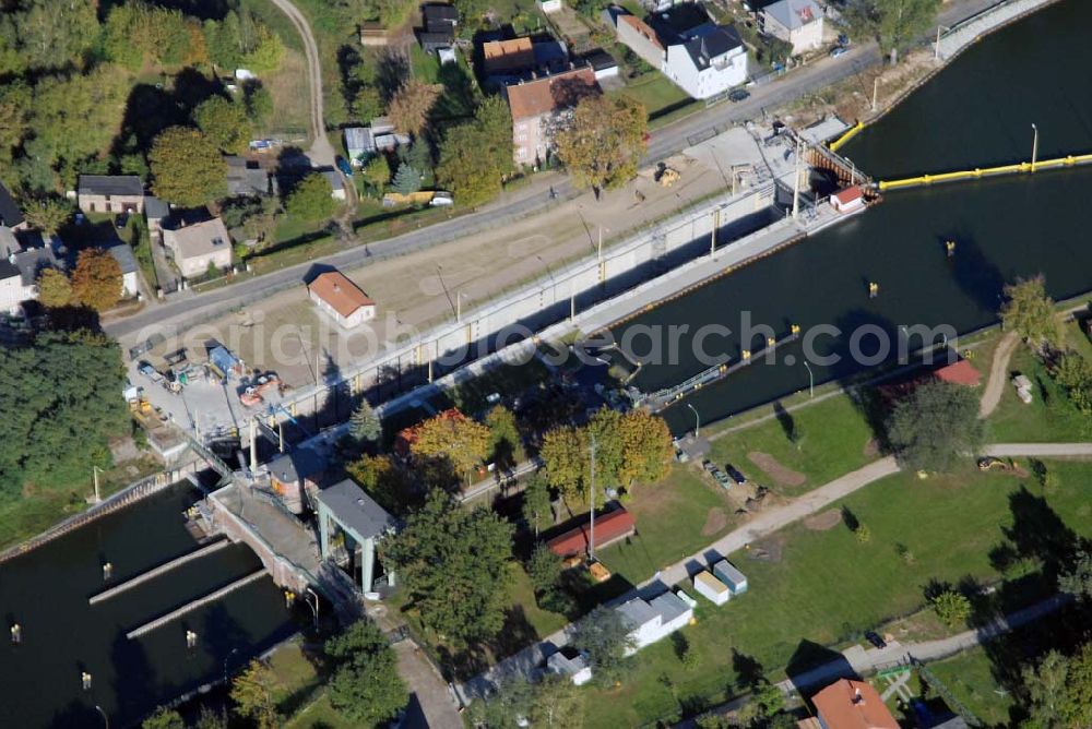 Wernsdorf from the bird's eye view: Blick auf die modernisierte Wernsdorfer Schleuse. Die Schleuse ist eine von 4 Schleusen des Oder-Spree-Kanals. Bauherr: Wasser- und Schifffahrtsamt Berlin, Mehringdamm 129, 10965 Berlin, Tel. 030 / 69532 - 0, Fax: 030 / 69532 - 201, e-mail-Adresse: poststelle@wsa-b.wsv.de, Achim Walder-Adresse: