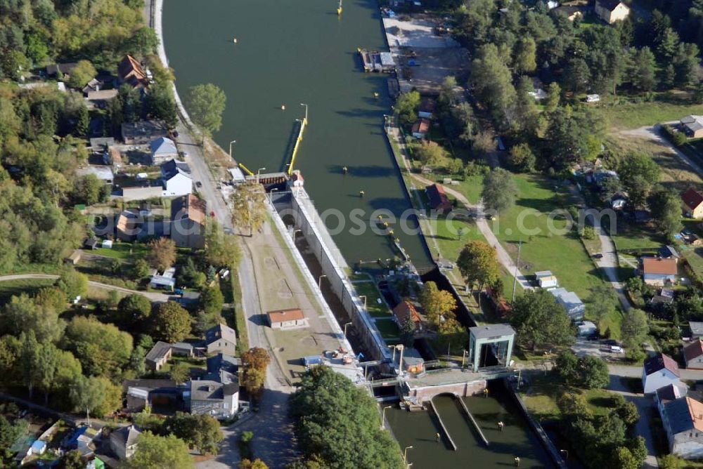 Wernsdorf from the bird's eye view: Blick auf die modernisierte Wernsdorfer Schleuse. Die Schleuse ist eine von 4 Schleusen des Oder-Spree-Kanals. Bauherr: Wasser- und Schifffahrtsamt Berlin, Mehringdamm 129, 10965 Berlin, Tel. 030 / 69532 - 0, Fax: 030 / 69532 - 201, e-mail-Adresse: poststelle@wsa-b.wsv.de, Achim Walder-Adresse: