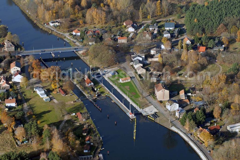 Aerial image Wernsdorf - Blick auf die modernisierte Wernsdorfer Schleuse. Die Schleuse ist eine von 4 Schleusen des Oder-Spree-Kanals. Bauherr: Wasser- und Schifffahrtsamt Berlin, Mehringdamm 129, 10965 Berlin, Tel. 030 / 69532 - 0, Fax: 030 / 69532 - 201, e-mail-Adresse: poststelle@wsa-b.wsv.de,