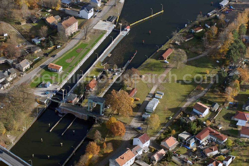 Aerial photograph Wernsdorf - Blick auf die modernisierte Wernsdorfer Schleuse. Die Schleuse ist eine von 4 Schleusen des Oder-Spree-Kanals. Bauherr: Wasser- und Schifffahrtsamt Berlin, Mehringdamm 129, 10965 Berlin, Tel. 030 / 69532 - 0, Fax: 030 / 69532 - 201, e-mail-Adresse: poststelle@wsa-b.wsv.de,