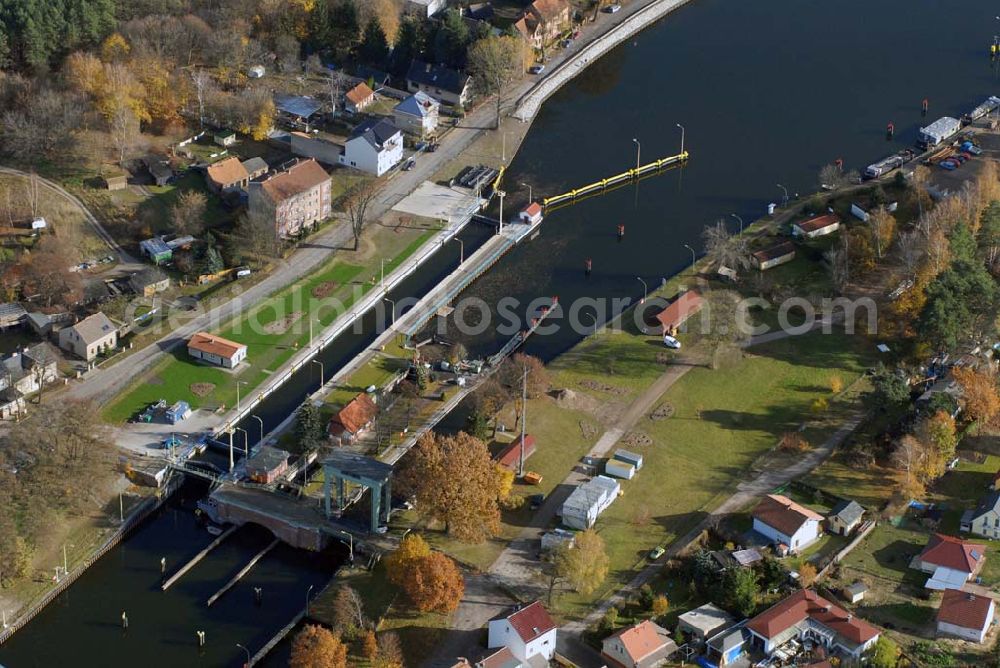 Wernsdorf from the bird's eye view: Blick auf die modernisierte Wernsdorfer Schleuse. Die Schleuse ist eine von 4 Schleusen des Oder-Spree-Kanals. Bauherr: Wasser- und Schifffahrtsamt Berlin, Mehringdamm 129, 10965 Berlin, Tel. 030 / 69532 - 0, Fax: 030 / 69532 - 201, e-mail-Adresse: poststelle@wsa-b.wsv.de,