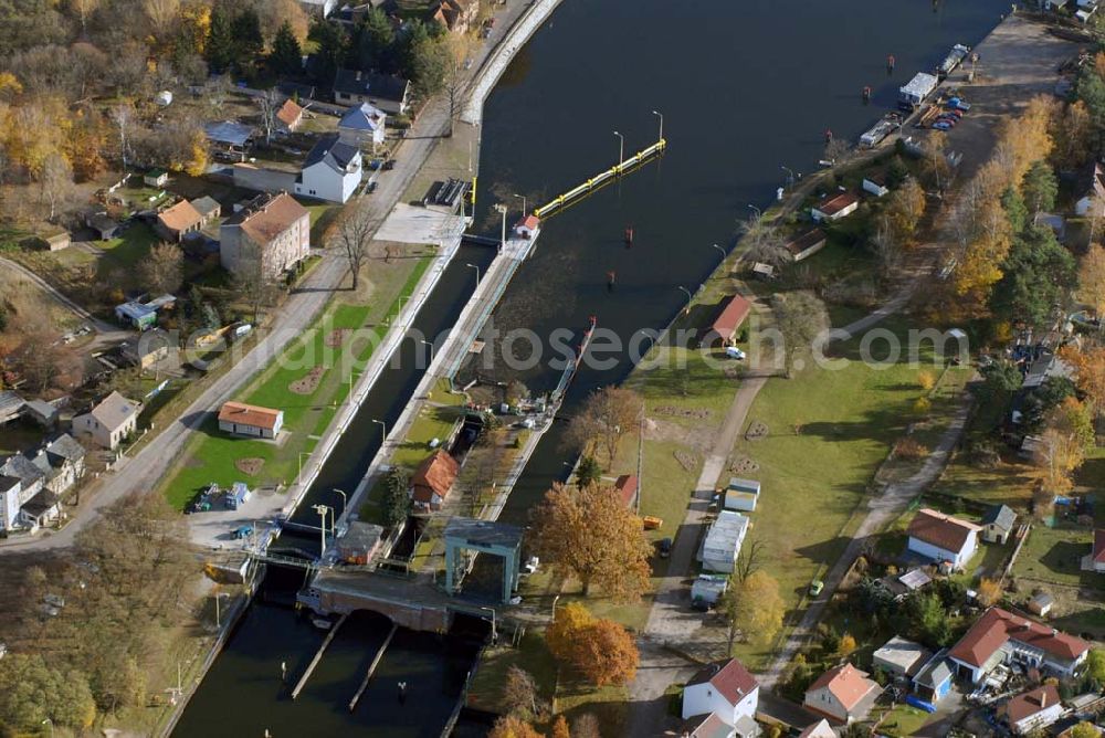 Aerial image Wernsdorf - Blick auf die modernisierte Wernsdorfer Schleuse. Die Schleuse ist eine von 4 Schleusen des Oder-Spree-Kanals. Bauherr: Wasser- und Schifffahrtsamt Berlin, Mehringdamm 129, 10965 Berlin, Tel. 030 / 69532 - 0, Fax: 030 / 69532 - 201, e-mail-Adresse: poststelle@wsa-b.wsv.de,