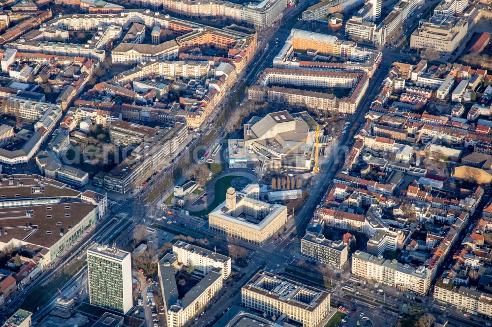 Aerial photograph Karlsruhe - Renovation and conversion construction site of the building of the concert hall and theater playhouse Badisches Staatstheater on Baumeisterstrasse - Kriegstrasse in Karlsruhe in the state Baden-Wurttemberg, Germany