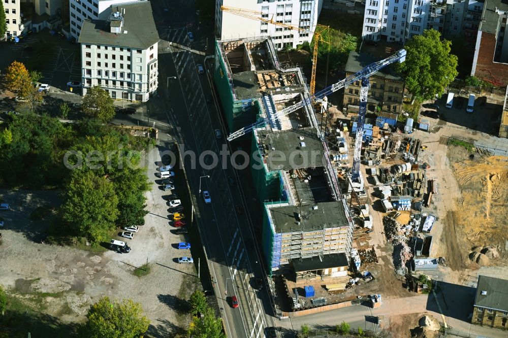 Magdeburg from above - Construction site for the renovation and expansion of the police building complex Polizeiinspektion Hallische Strasse in the district Altstadt in Magdeburg in the state Saxony-Anhalt, Germany