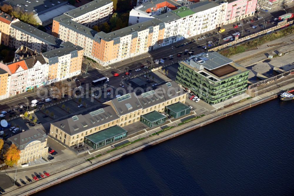 Berlin from the bird's eye view: Fashion center of the compaby Labels Berlin at Stralauer Allee in Berlin - Friedrichshain. Located at the banks of the river Spree in the east harbor the buildings Labels Berlin 1 and Labels Berlin 2 offer showrooms, event rooms and an outlet store presenting local and international fashion brands and designers. The new building opened in 2010 and was designed by HHF architects